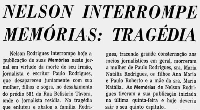 Recorte da primeira página do Correio da Manhã após a tragédia que matou Paulo Rodrigues