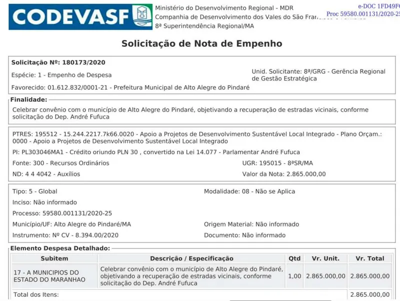 Codevasf menciona Fufuca no pedido de empenho da verba (Reprodução)
