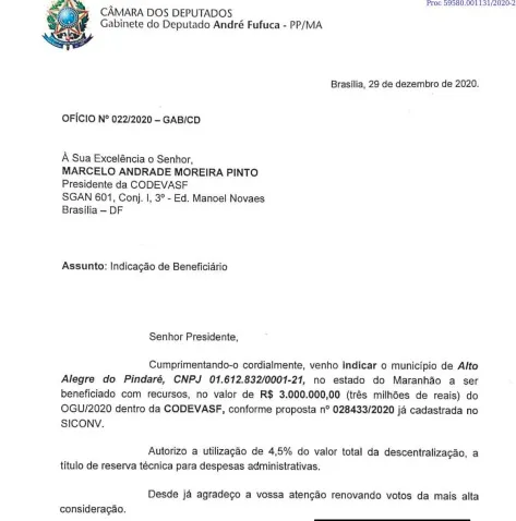 Ofício de André Fufuca indicando verba para a prefeitura governada por seu pai (Reprodução)