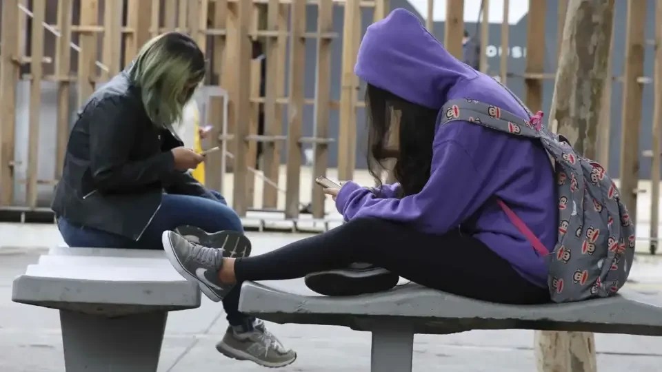 Duas mulheres sentadas próximas olham cada uma o seu celular, sem conversar entre elas