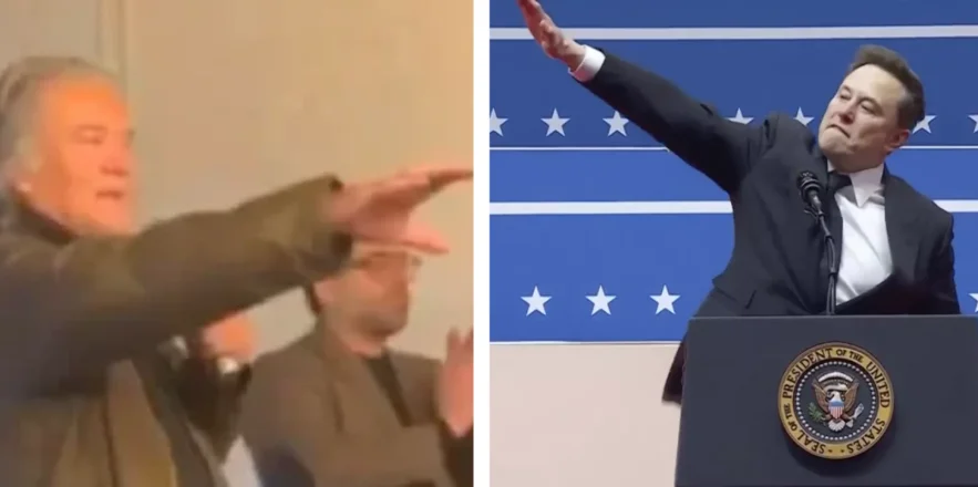 Steve Bannon e Elon Musk, respectivamente, fazendo a saudação nazista durante eventos relativos à posse de Donald Trump. Imagem: Reprodução