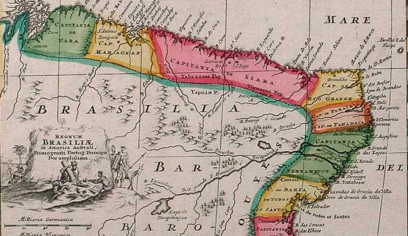 história do Brasil: mapa das divisões de terra, as capitanias hereditárias portuguesas de 1704