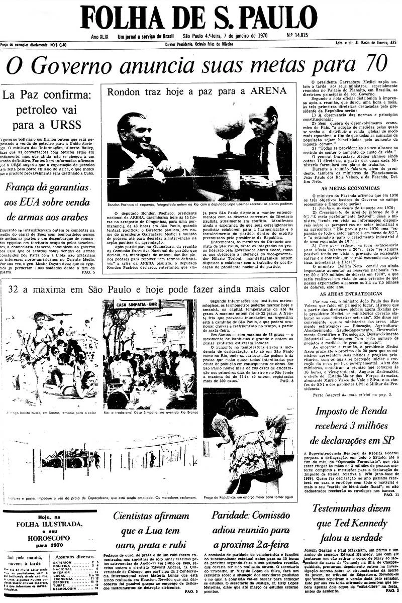Folha de São Paulo em 7 de Janeiro de 1970 onde se lê "O Governo anuncia suas metas para 70"