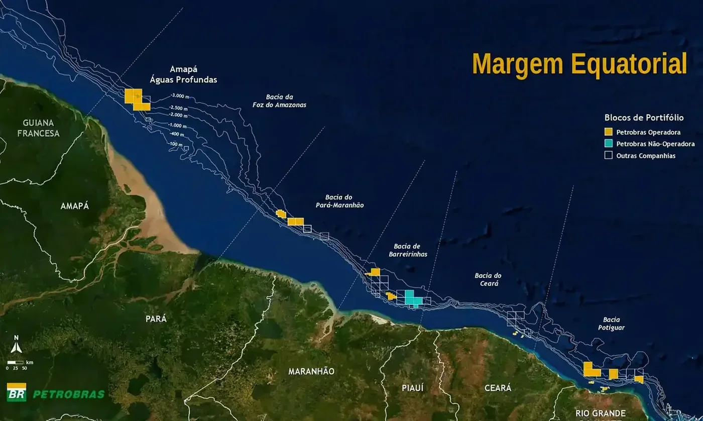 Mapa da Petrobras mostra áreas da margem equatorial com potencial para exploração de petróleo.Petrobras / Divulgação