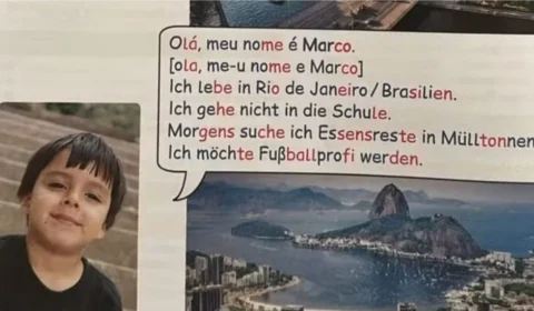 Em livro didático alemão, criança brasileira pega comida no lixo e não estuda