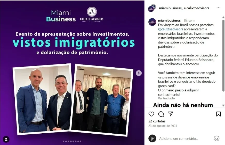 Eduardo Bolsonaro compareceu a evento de apresentação sobre “investimentos e vistos imigratórios” da Miami Business e Calixto Advisors em 2023