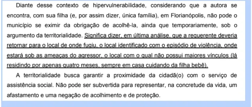Trecho do documento de Medida Protetiva de Urgência feito pela Defensoria Pública de Santa Catarina, que pedia o acolhimento de Ruth e sua filha