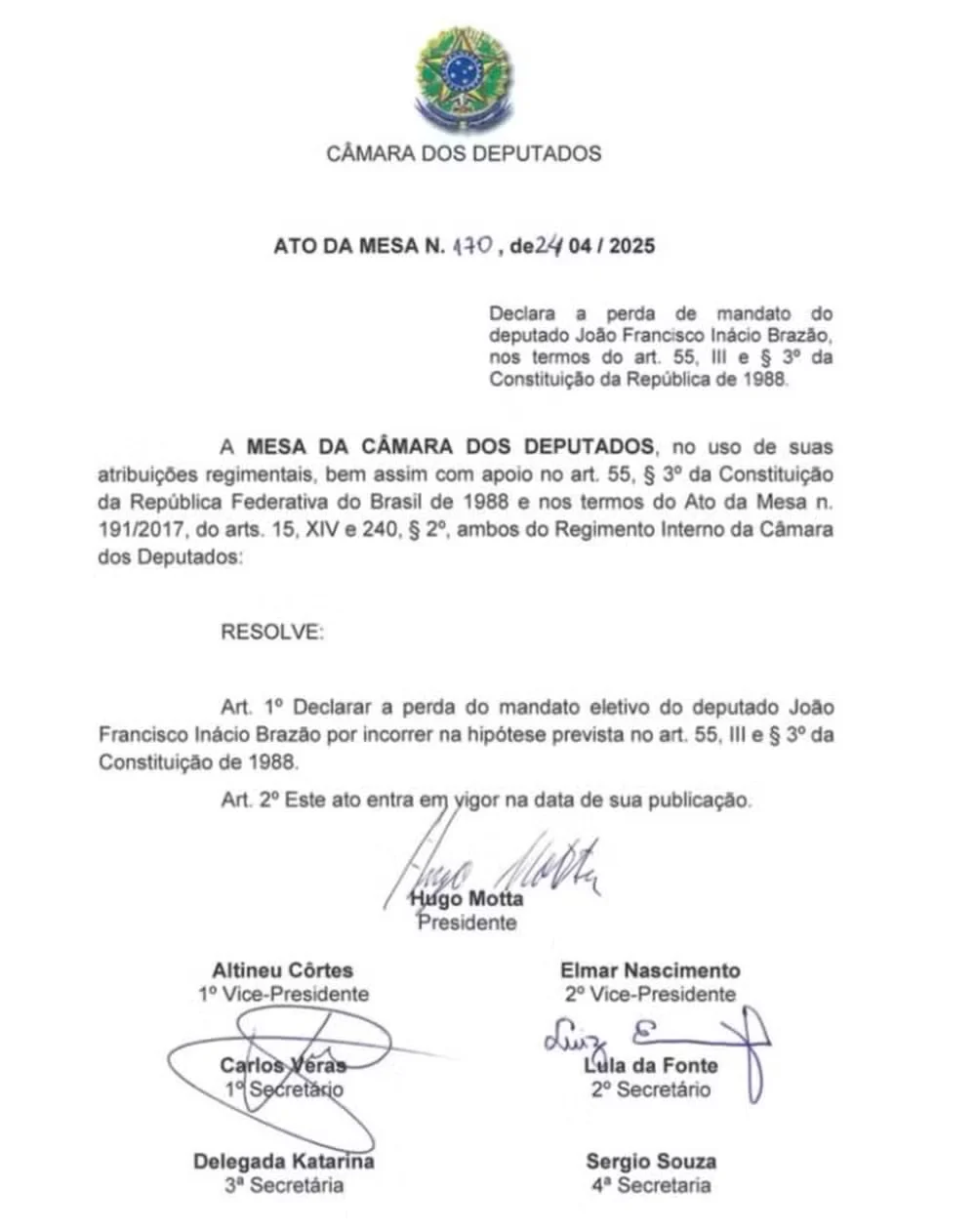 Mesa Diretora da Câmara declara perda do mandato de Chiquinho Brazão 