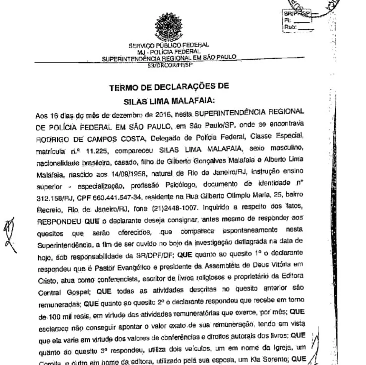 Em depoimento, Malafaia disse ter renda de R$ 100 mil e remuneração da igreja