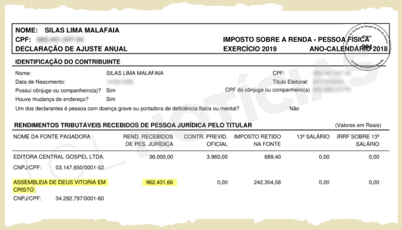 Declara ção de Imposto de Renda de Malafaia não faz distinção sobre 'oferta de aniversário'