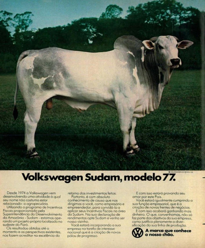 Propaganda da Volks de 1977 convida outras empresas a ser “vizinho” da fazenda na Amazônia (Foto: Reprodução/Revista Veja)