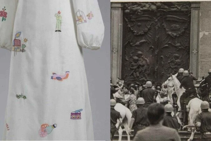 Zuzu desenvolveu uma coleção intitulada Moda Política, na qual incorporou estampas de tons avermelhados que remetiam a sangue, ilustrações de pássaros em gaiolas e elementos de temática militar. Imagem: Instituto Zuzu Angel 