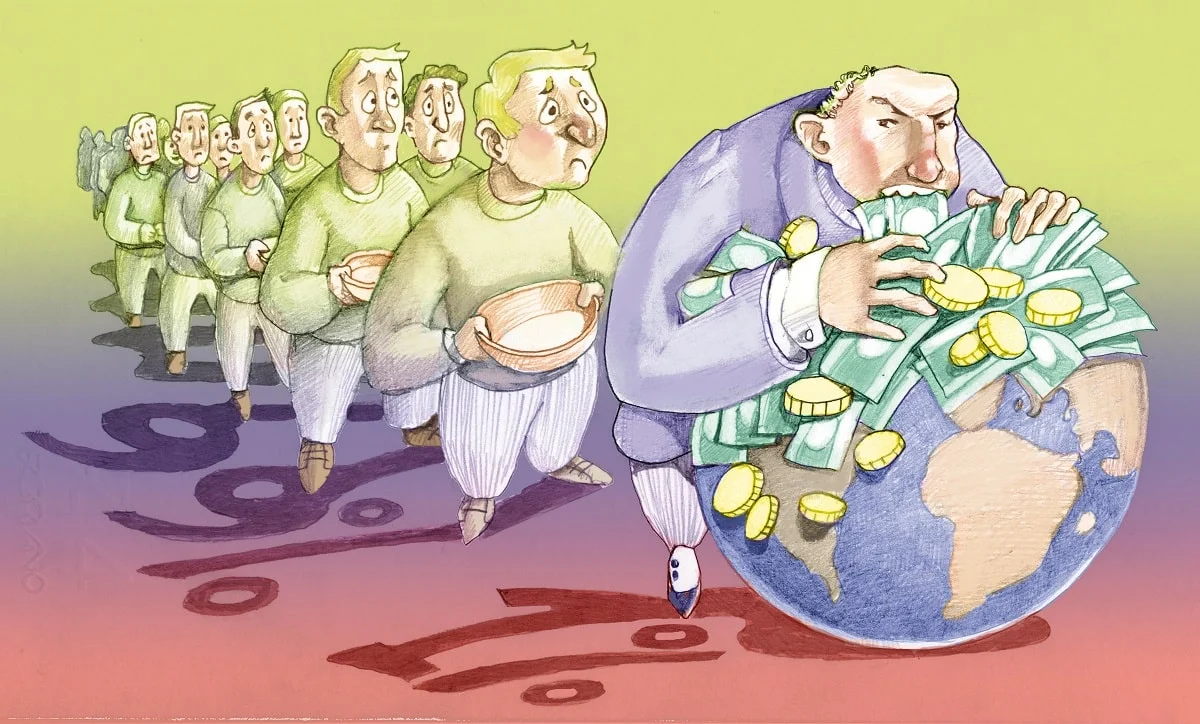 A ilustração critica a desigualdade gerada pelo sistema capitalista, onde poucos concentram a riqueza enquanto muitos enfrentam escassez. Imagem: Cristina Bernazzani