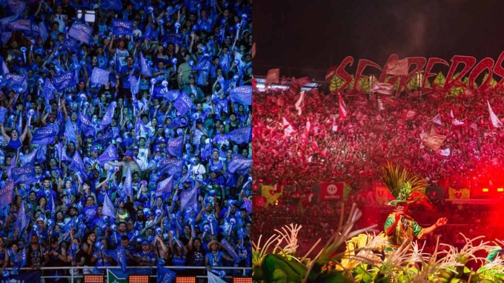 As galeras azul e vermelha enchem o Bumbódromo de Parintins com bandeiras, cantos e coreografias. Cada torcida representa seu boi com paixão e também conta ponto na disputa. Foto: Portal Norte
