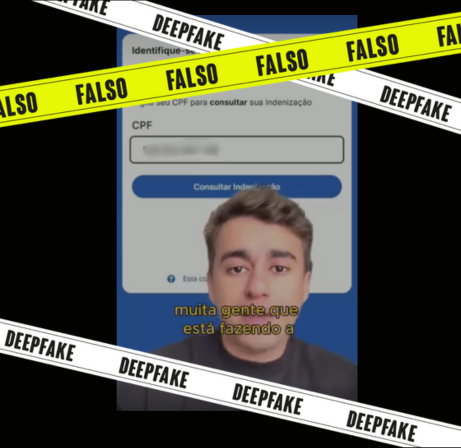 Vídeo falso com imagem e voz manipuladas do deputado Nikolas Ferreira circulou nas redes para aplicar golpe com promessa de indenização. A fraude pedia CPF, chave Pix e até pagamento de taxa. O conteúdo foi desmentido por ferramentas de verificação e simula sites oficiais do governo. Foto: Lupa UOL