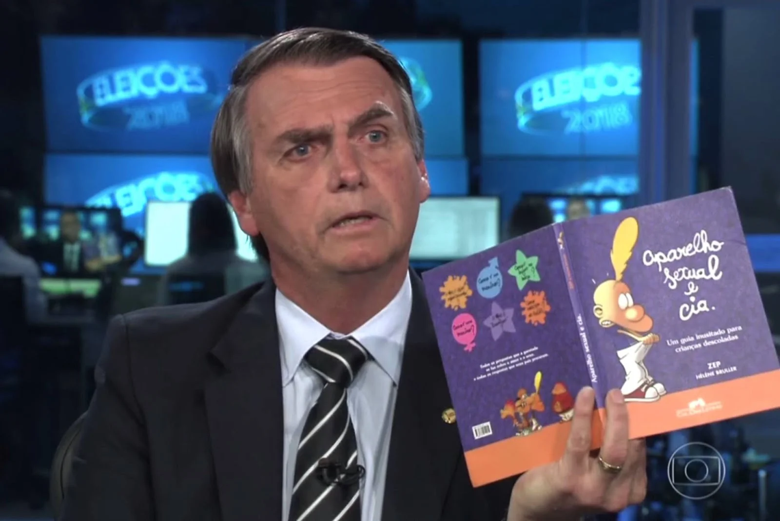 Durante uma sabatina no Jornal Nacional, Jair Bolsonaro apresentou o livro “Aparelho Sexual & Cia” como parte de um suposto “kit gay”, que teria sido distribuído em governos do PT para ensinar crianças a se tornarem homossexuais. A afirmação era falsa. Foto: reprodução/Rede Globo