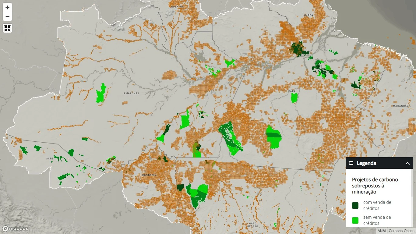Mapa mostra que 73 projetos de créditos de carbono estão sobrepostos totalmente, parcialmente ou tocam o limite de áreas destinadas à mineração