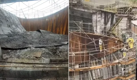 Tanque industrial cede e operários ficam pendurados em andaime; veja vídeo