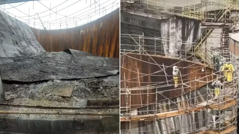 Tanque industrial cede e operários ficam pendurados em andaime; veja vídeo