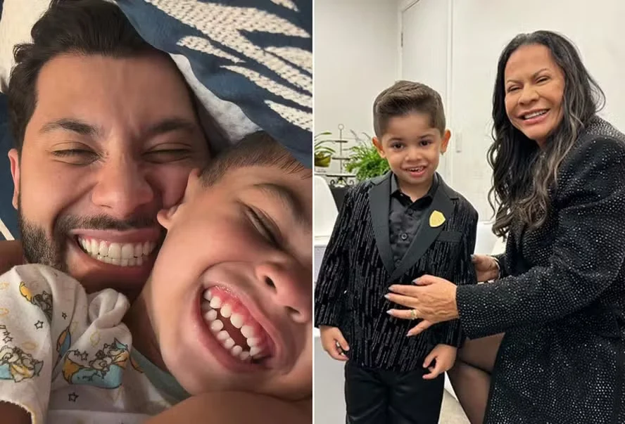 Murilo Huff, com o filho Léo, herdeiro de Marília Mendonça. 