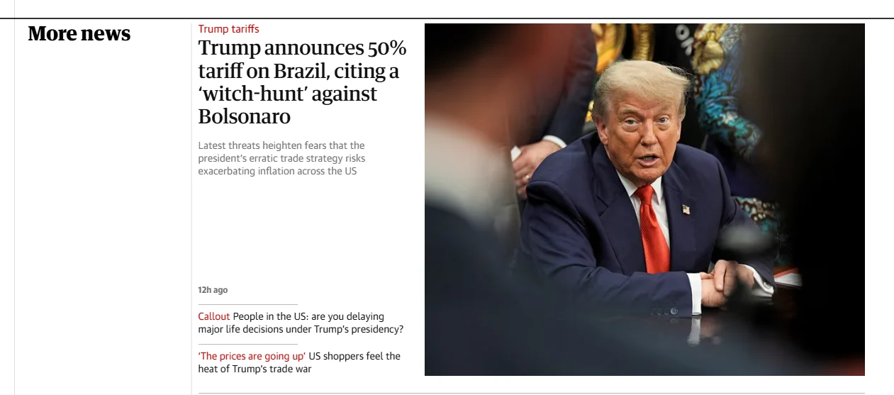 Guerra das tarifas entre Brasil e EUA domina capas da imprensa internacional