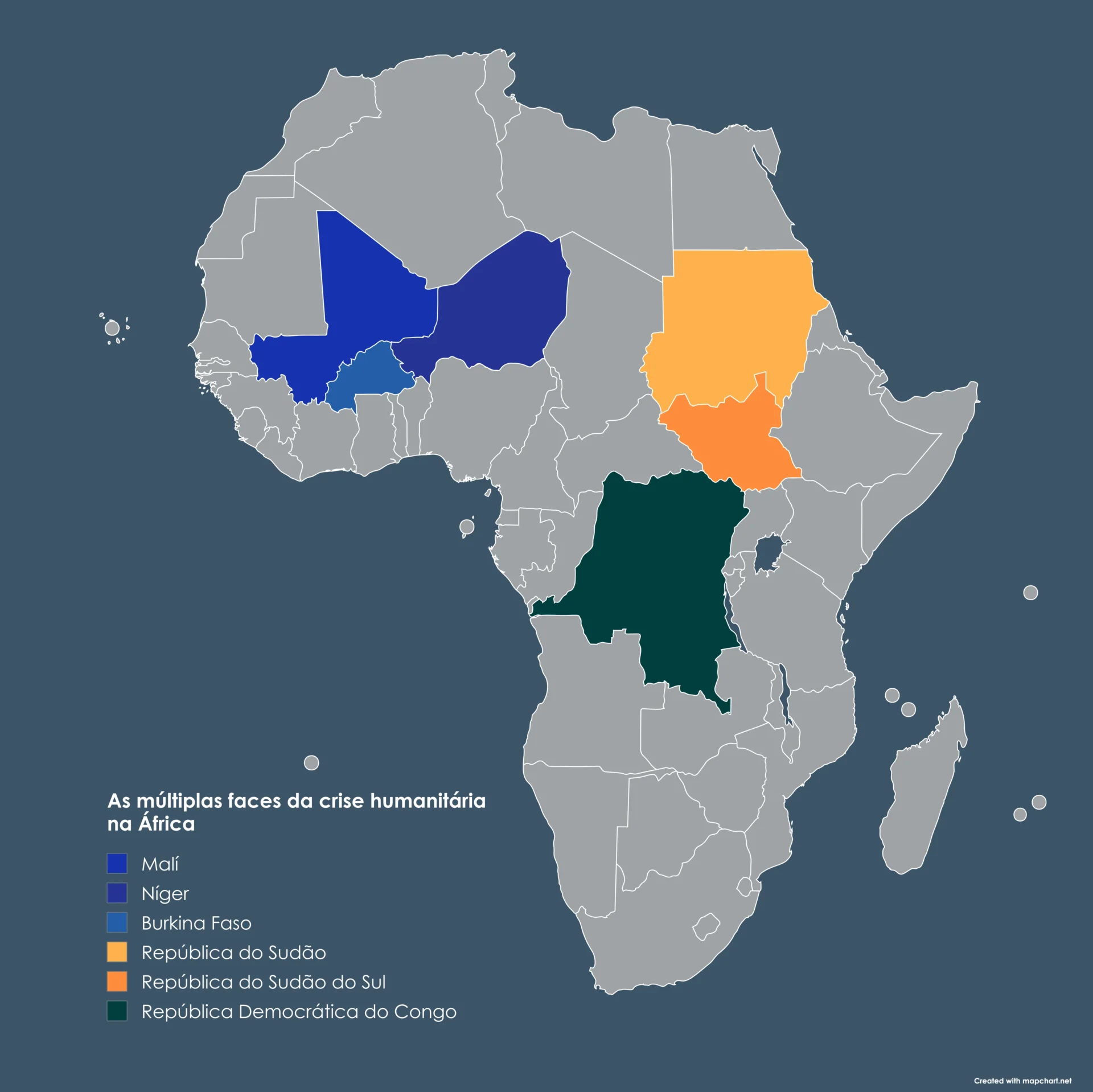 Mapa dos locais em que ocorrem as crises humanitárias na África abordadas neste texto. Imagem: mapchart.net