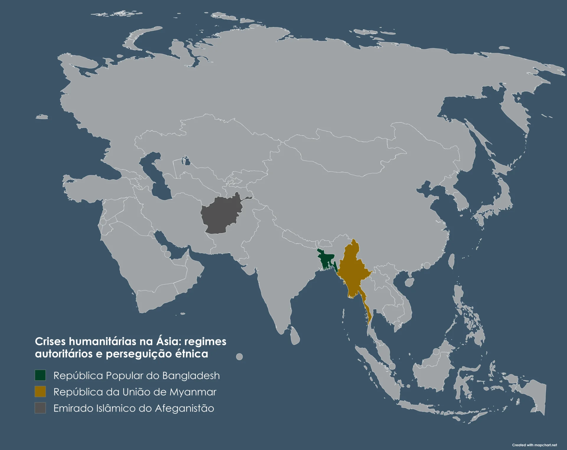 Mapa dos locais em que ocorrem as crises humanitárias na Ásia abordadas neste texto. Imagem: mapchart.net