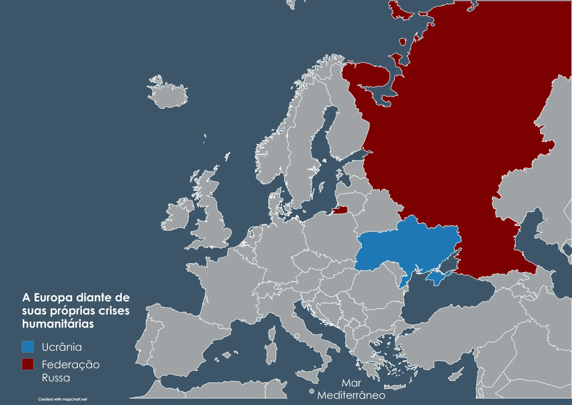 Mapa dos locais em que ocorrem as crises humanitárias na Europa abordadas neste texto. Imagem: mapchart.net