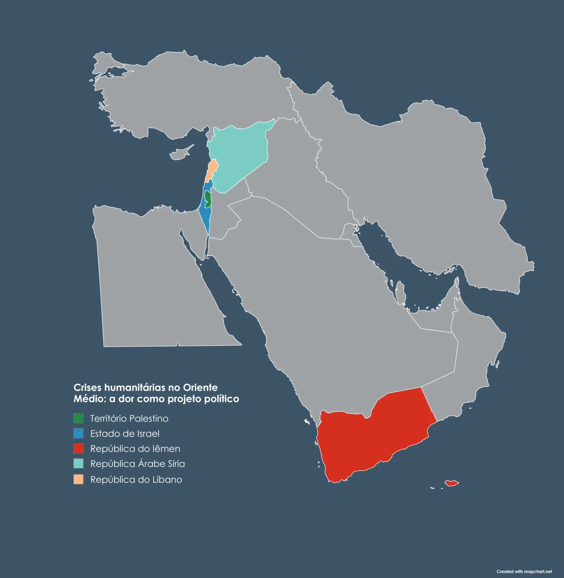 Mapa dos locais em que ocorrem as crises humanitárias no Oriente Médio abordadas neste texto. Imagem: mapchart.net