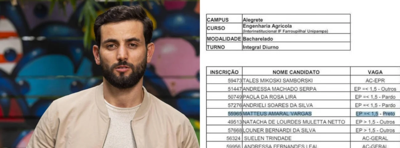 O ex-BBB Matteus Amaral foi acusado de utilizar o sistema de cotas raciais para ingressar no curso de Engenharia Agrícola no Instituto Federal Farroupilha em 2014, o que foi confirmado pela instituição. Imagem: reprodução