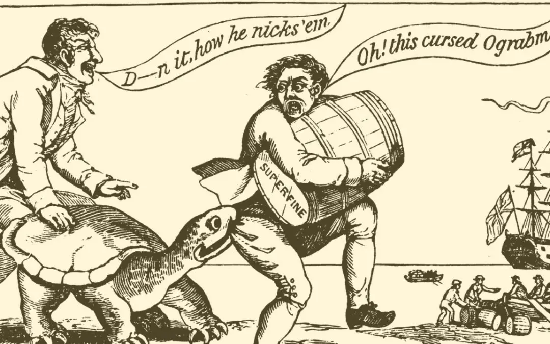 Embargo Act Na gravura que representa a dinâmica do Embargo Act, a tartaruga morde o comerciante que tenta carregar o barril marcado “Superfine” (um tipo de farinha exportada na época). É como se dissesse: quanto mais você tenta escapar com seu produto, mais o embargo (a tartaruga) te prende. Imagem: Arquivo Nacional/EUA