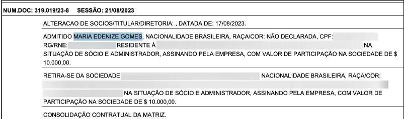 Em documentos da Junta Comercial do Estado de São Paulo, Maria Edenize Gomes aparece como sócia e administradora da padaria Iracema (Imagem: Reprodução)