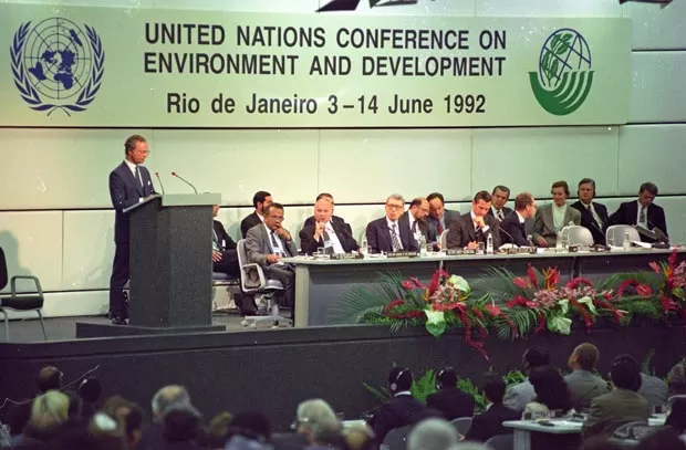 Plenária da Conferência das Nações Unidas sobre Meio Ambiente e Desenvolvimento, a ECO-92, realizada no Rio de Janeiro entre 3 e 14 de junho de 1992. Foto: Folhapress