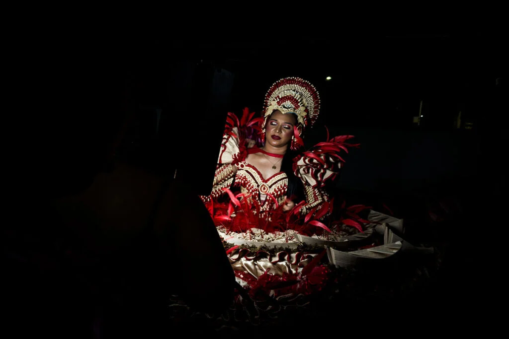 Suzane Lima, Rainha do Artesanato do Boto Cor de Rosa, veste a representação do tronco do Araribá (Foto: Leonardo Milano/Repórter Brasil)