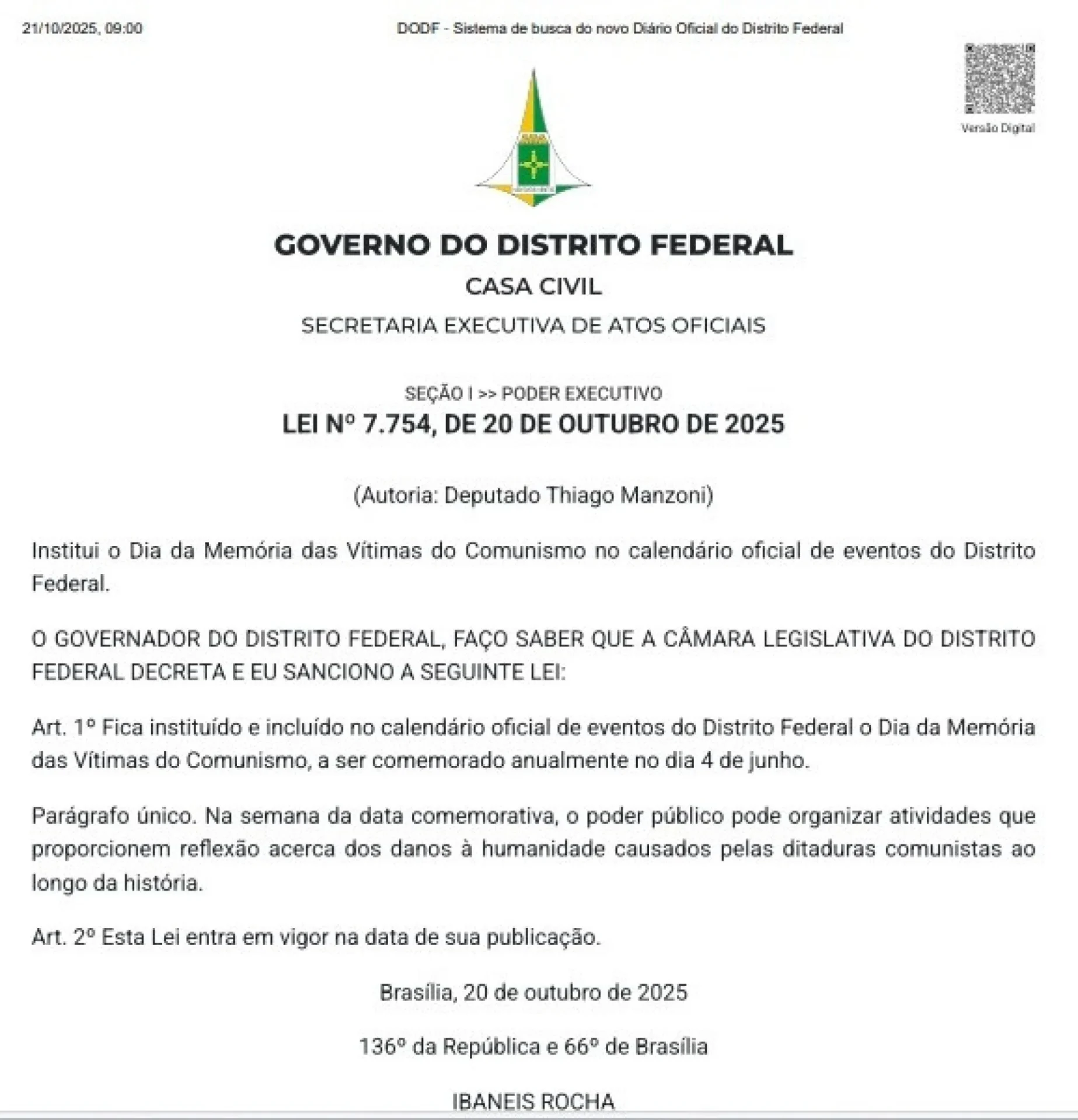 Governador do DF sanciona lei que cria o Dia da Memória das Vítimas do Comunismo