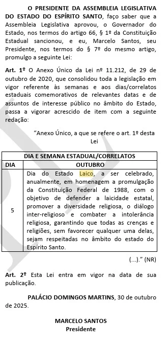 Espírito Santo aprova criação do 'Dia do Estado Laico', em 5 de outubro
