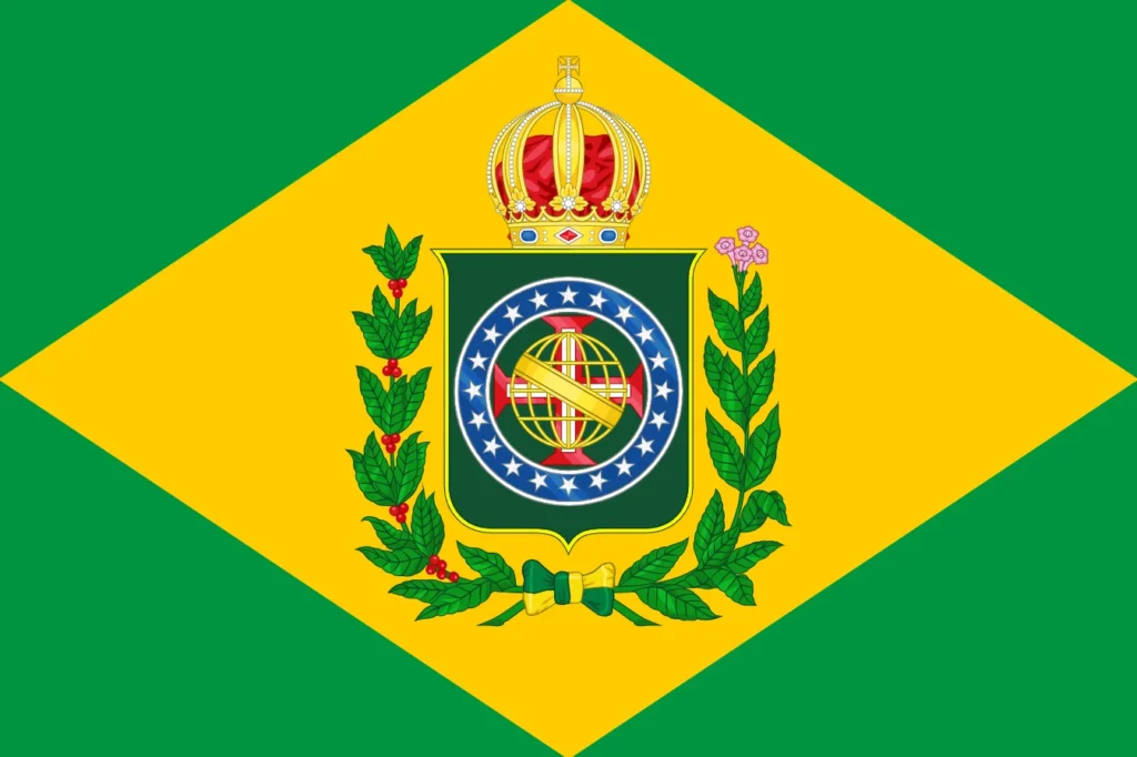 Cada elemento da bandeira reforçava a narrativa de um Estado próspero e ordenado, mas o que ela não mostrava era a base real de tudo isso: o trabalho escravizado que gerava a riqueza. O símbolo da unidade nacional escondia a desigualdade mais profunda. Imagem: reprodução