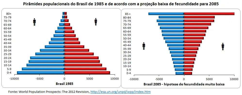 O Brasil já vive um envelhecimento acelerado: a pirâmide etária se inverte, o número de idosos dispara e a pressão sobre previdência, saúde e políticas públicas cresce rapidamente. Imagem: World Population Prospects