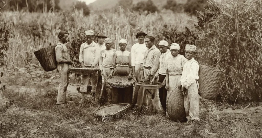escravizados pos 1888 Após a abolição, o trabalho nas fazendas de café seguiu marcado pela desigualdade. Ex-escravizados continuaram nas plantações sob novos contratos de dependência, mostrando que o fim do cativeiro não significou o fim da exploração. Foto: Wikimedia Commons