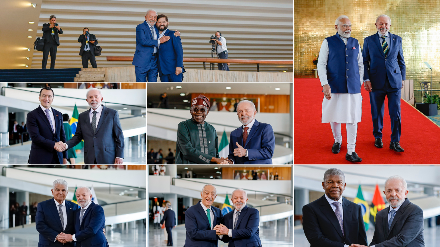 Alguns chefes de Estado que visitaram o Brasil: Gabriel Boric (Chile), Daniel Noboa (Equador), Bola Ahmed Tinubu (Nigéria), José Raúl Mulino (Panamá), Marcelo Rebelo de Sousa (Portugal), João Lourenço (Angola) e Narendra Modi (Índia). | Crédito: Ricardo Stuckert/PR