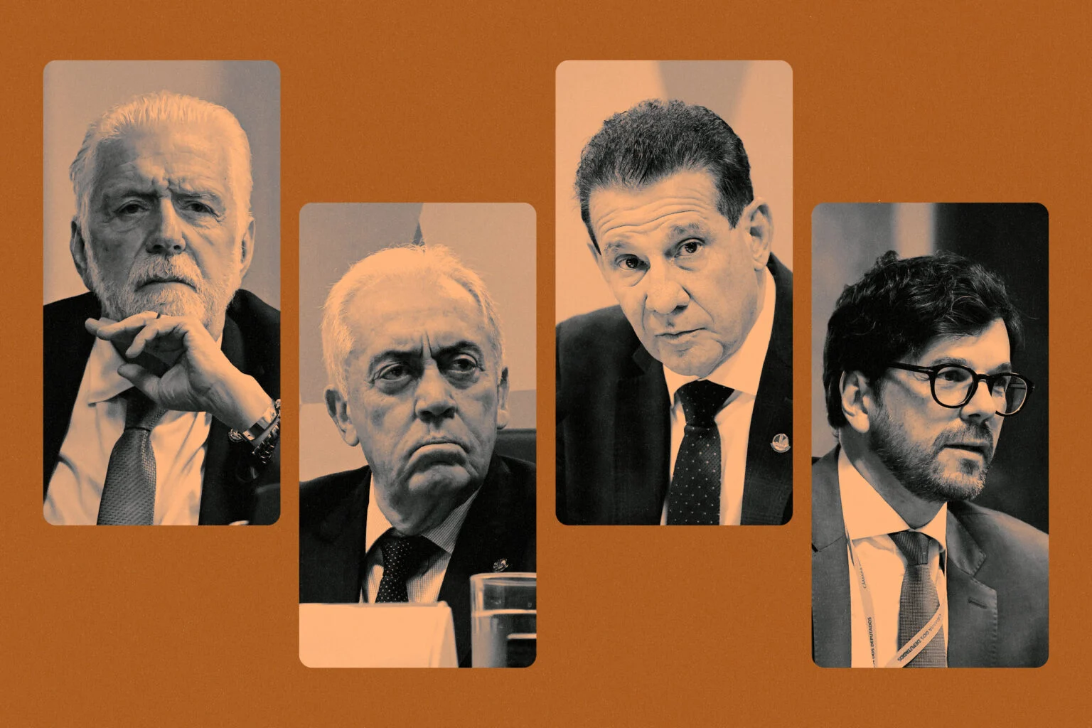 Os senadores Jaques Wagner (PT/BA), Otto Alencar (PSD/BA) e Vanderlan Cardoso (PSD/GO), e André Passos Cordeiro, presidente da Associação Brasileira da Indústria Química (Arte: Rodrigo Bento/Repórter Brasil. Fotos: Agência Senado)