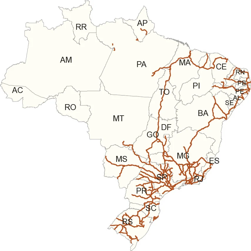Mapa ferroviário do Brasil Na foto, a malha ferroviária do Brasil em 2021. Um retrato do país que escolheu desmontar sua malha ferroviária ao priorizar rodovias. Imagem: Instituto Brasileiro de Geografia e Estatística (IBGE)