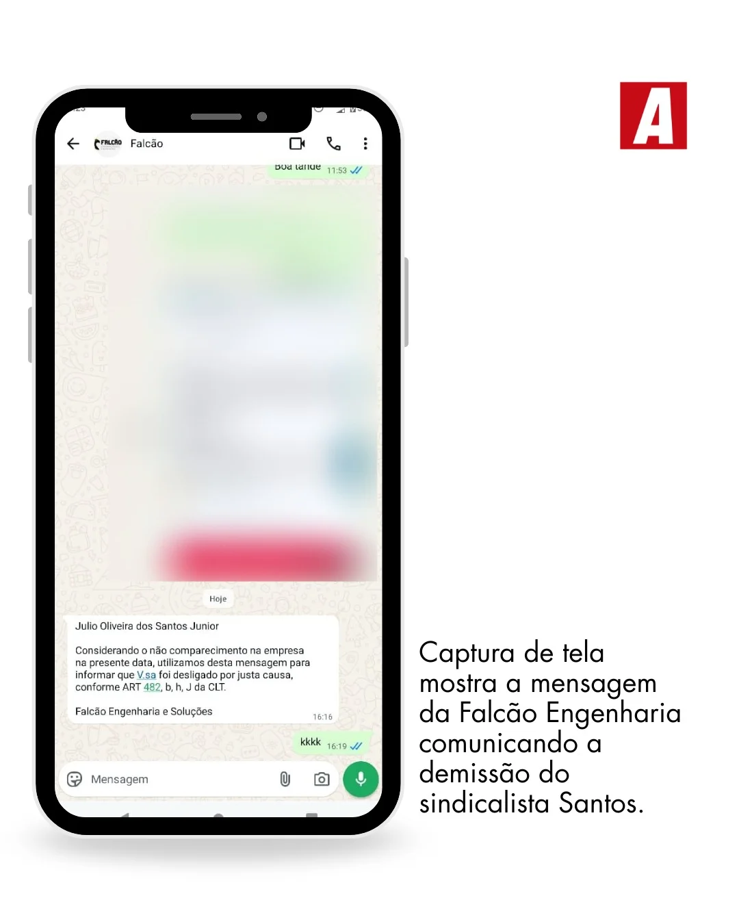 Print de mensagem de desligamento recebida por trabalhador BYD 