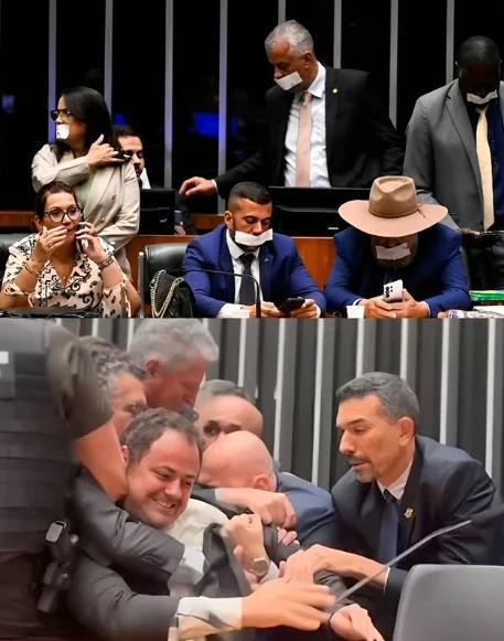 Na imagem de cima, parlamentares bolsonaristas invadem a Mesa Diretora da Câmara e travam a pauta por 48h; na imagem abaixo, Glauber Braga é retirado com violência pela Polícia Legislativa após protesto na sessão | Crédito: Instagram/Glauber Braga