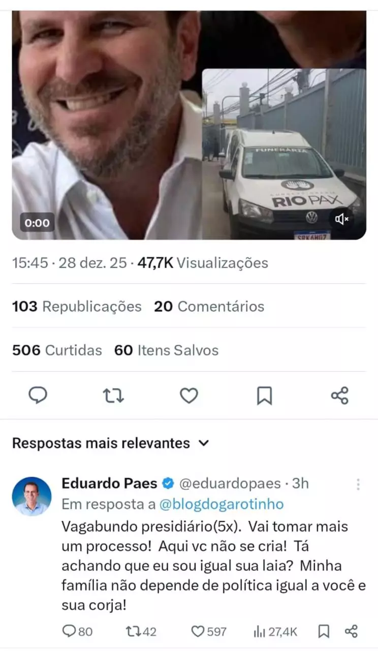 Paes bate-boca com Garotinho nas redes sociais e chama o ex-governador de ‘vagabundo presidiário’
