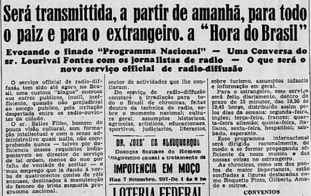 a hora do brasil Recorte histórico anuncia a transmissão nacional da “Hora do Brasil”, símbolo de como o rádio foi usado pelo Estado para ampliar o alcance do poder público no século XX. Imagem: Arquivo Nacional
