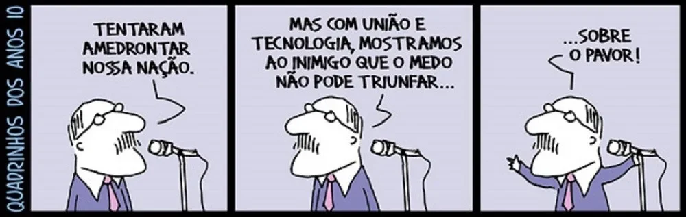 medo O medo é historicamente usado para mobilizar apoio político, justificar autoritarismos e fazer a população aceitar perda de direitos em nome de ordem e segurança. Imagem: André Dahmer