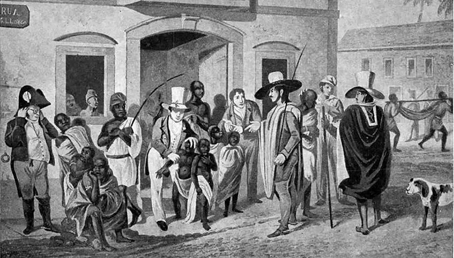 Escravidão no Brasil retrato O comércio transtlântico de escravizados de origem africana movimentou cifras astronômicas e foi responsável pelo enriquecimento de diversas potências imperialistas. Imagem: “O mercado do Valongo”. Augustus Earle