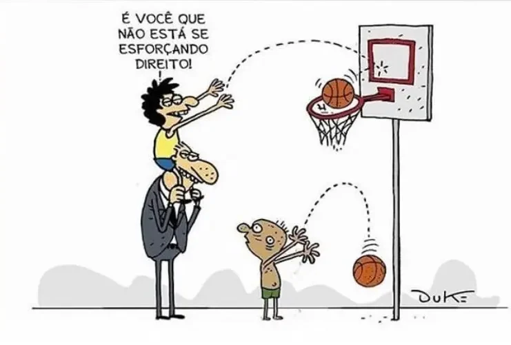 A charge retrata como a meritocracia ignora as desigualdades de origem: quem tem vantagem critica o outro por não alcançar o mesmo resultado. Imagem: Duke