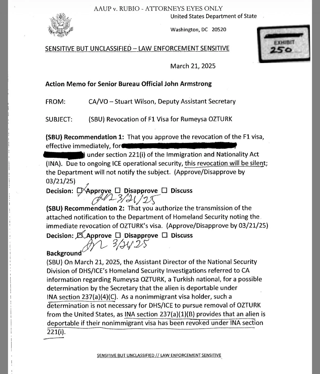 Documento pede a revogação de visto de estudante turca